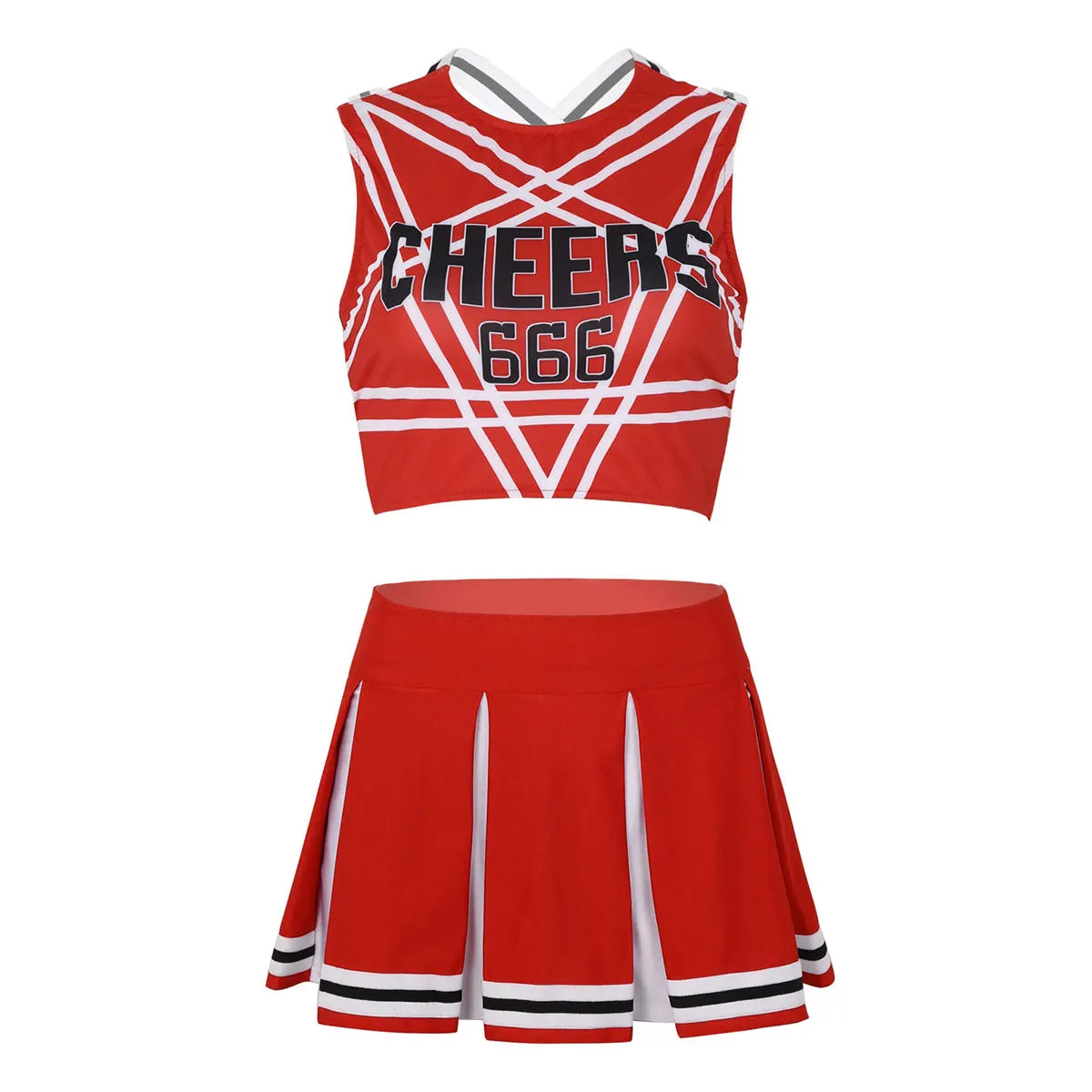 Women’s Cheerleader Cosplay Set – Pentagram Back Crop Top & Mini Pleated Skirt