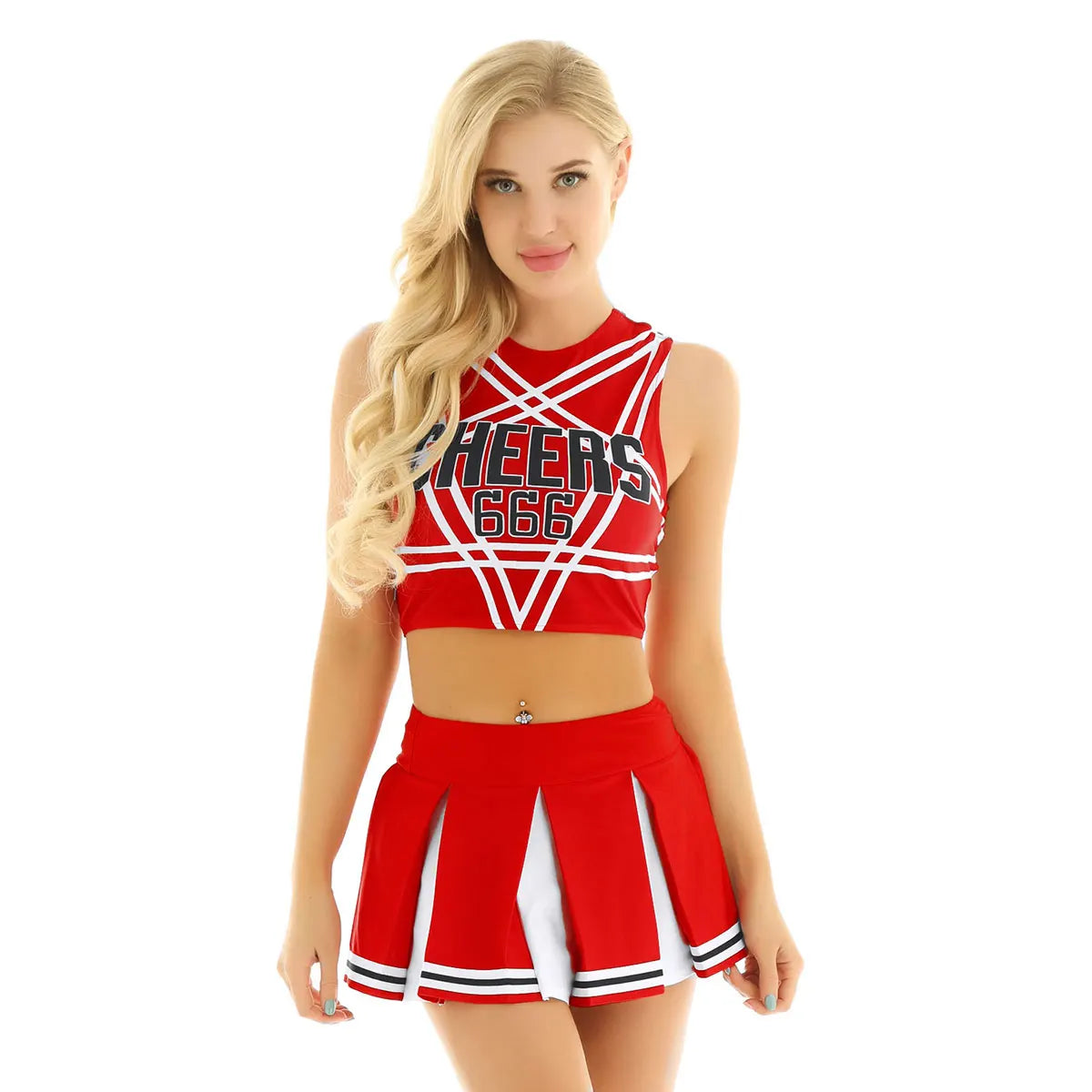 Women’s Cheerleader Cosplay Set – Pentagram Back Crop Top & Mini Pleated Skirt