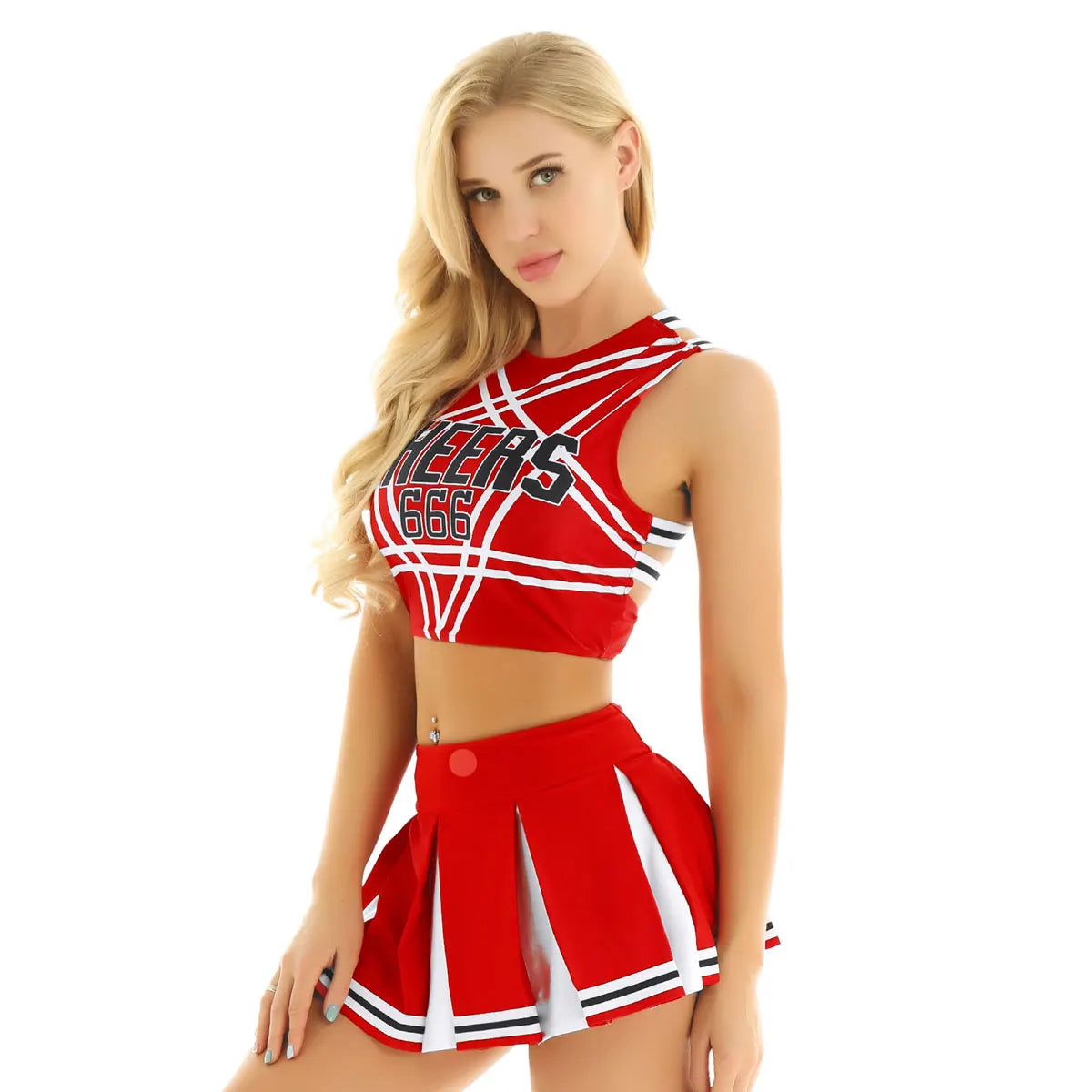 Women’s Cheerleader Cosplay Set – Pentagram Back Crop Top & Mini Pleated Skirt