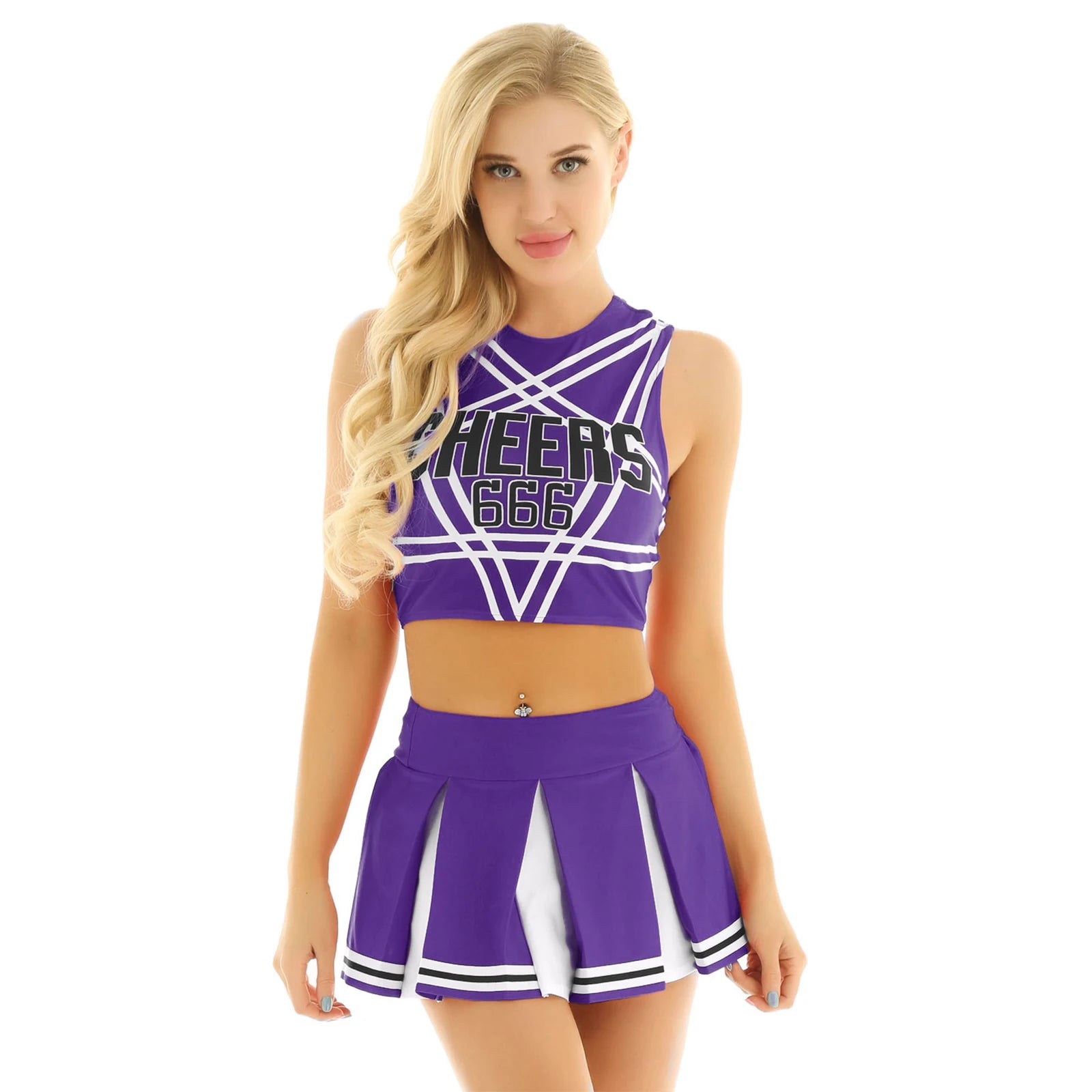 Women’s Cheerleader Cosplay Set – Pentagram Back Crop Top & Mini Pleated Skirt