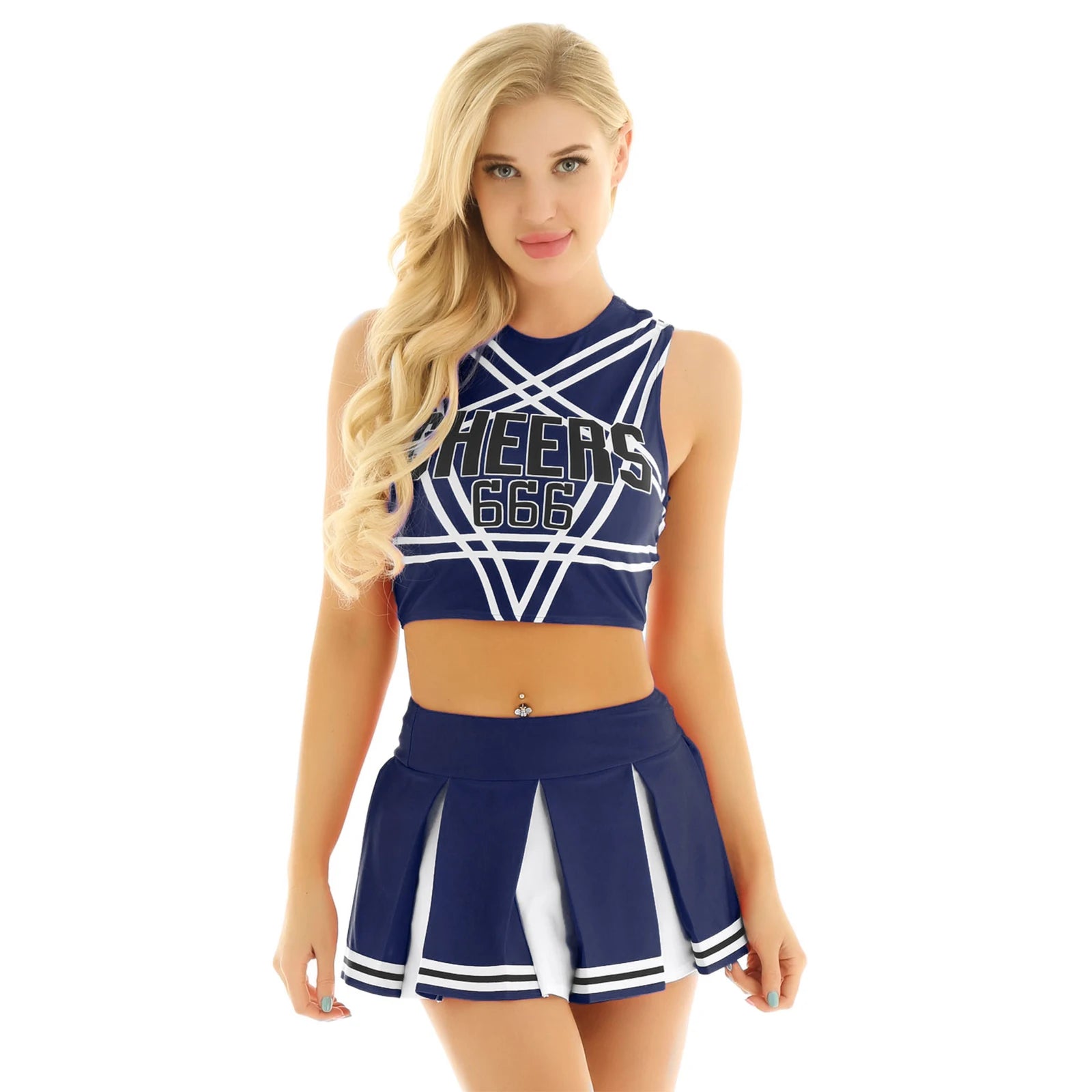 Women’s Cheerleader Cosplay Set – Pentagram Back Crop Top & Mini Pleated Skirt