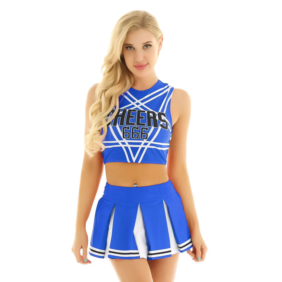 Women’s Cheerleader Cosplay Set – Pentagram Back Crop Top & Mini Pleated Skirt