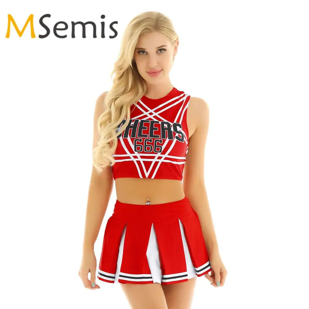 Women’s Cheerleader Cosplay Set – Pentagram Back Crop Top & Mini Pleated Skirt