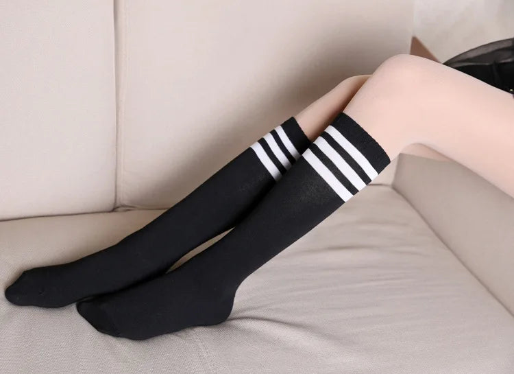 Women’s Knee-High Harajuku Socks – Black & White Striped Cheerleader Style