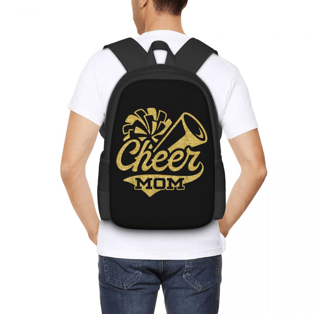Cheer Mom Backpack – Black & Yellow Foldable Bag with 3D Print, Large Capacity