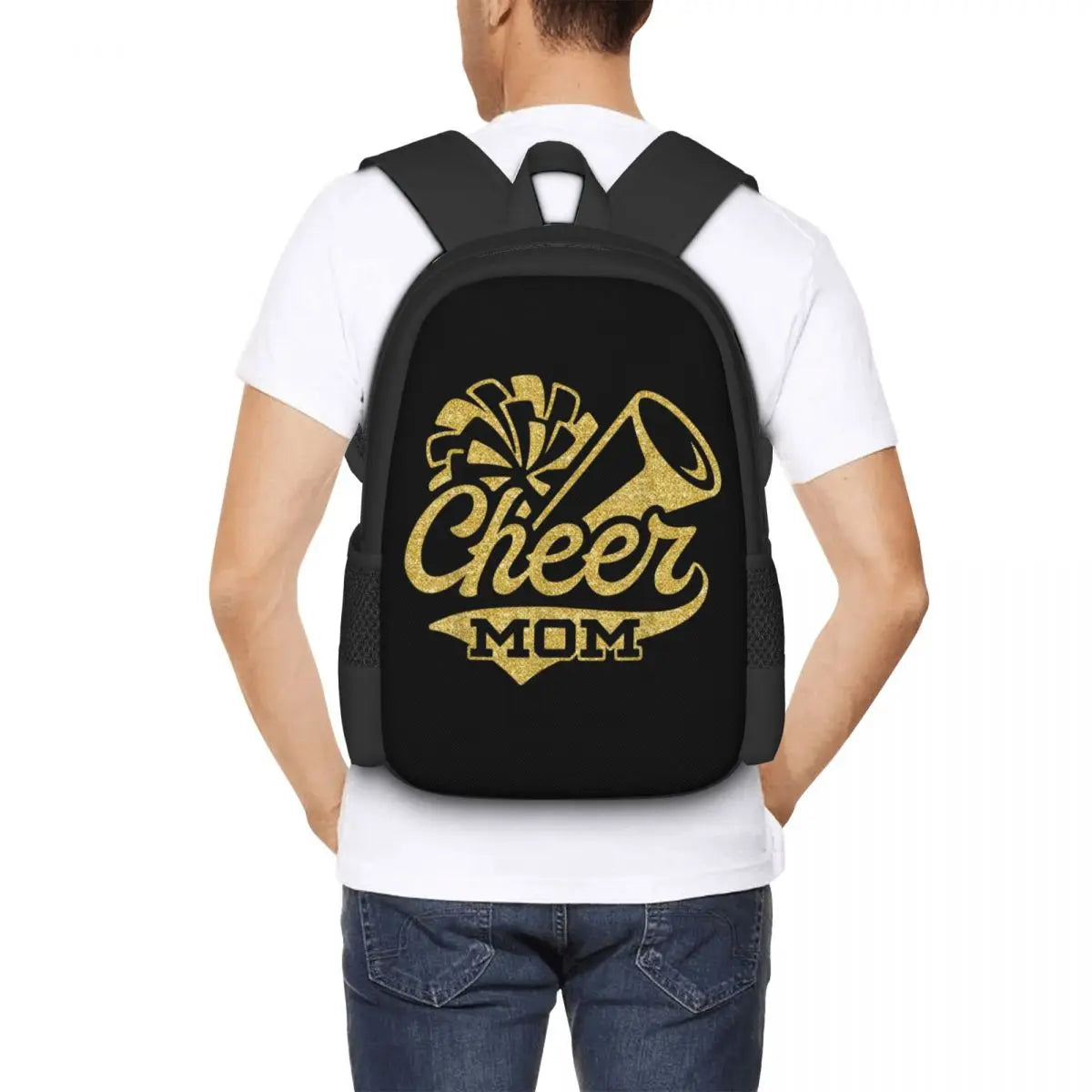 Cheer Mom Backpack – Black & Yellow Foldable Bag with 3D Print, Large Capacity