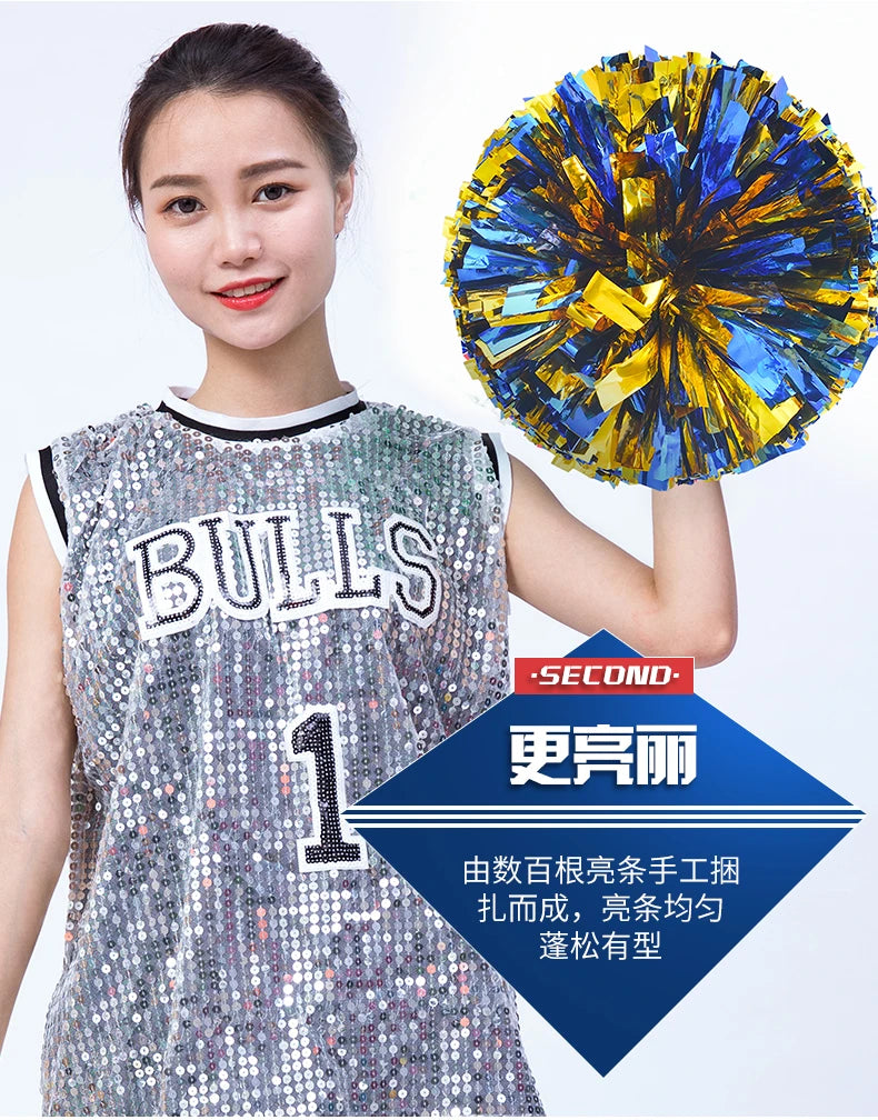 Colorful Handle Cheerleading Pom Poms – Big Silver, Red, Yellow & Blue Dance Balls for Kids & Women