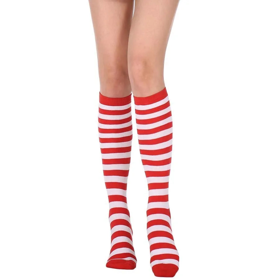 Women’s Knee-High Harajuku Socks – Black & White Striped Cheerleader Style