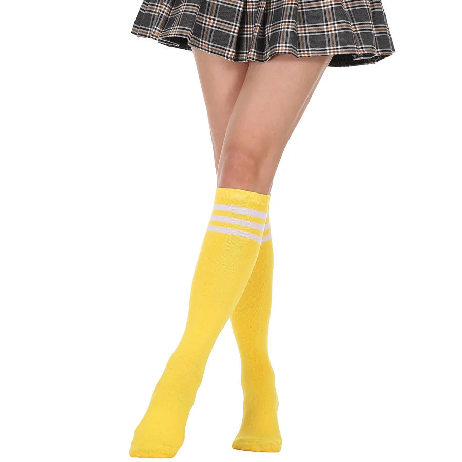 Women’s Knee-High Harajuku Socks – Black & White Striped Cheerleader Style