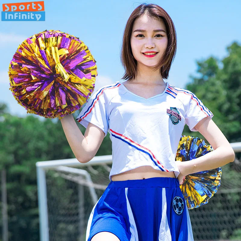 Colorful Handle Cheerleading Pom Poms – Big Silver, Red, Yellow & Blue Dance Balls for Kids & Women