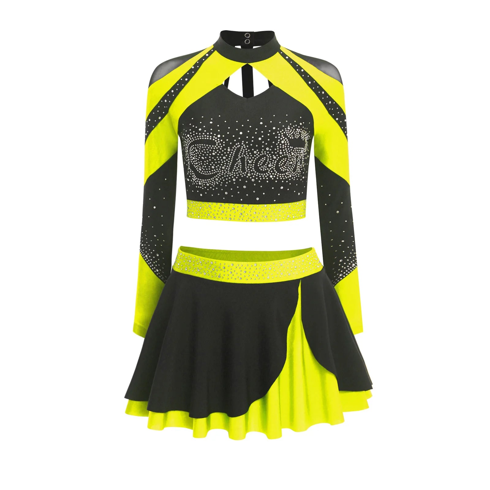 Women’s Cheerleading Costume – Rhinestone Long Sleeve Crop Top & Mini Skirt Set