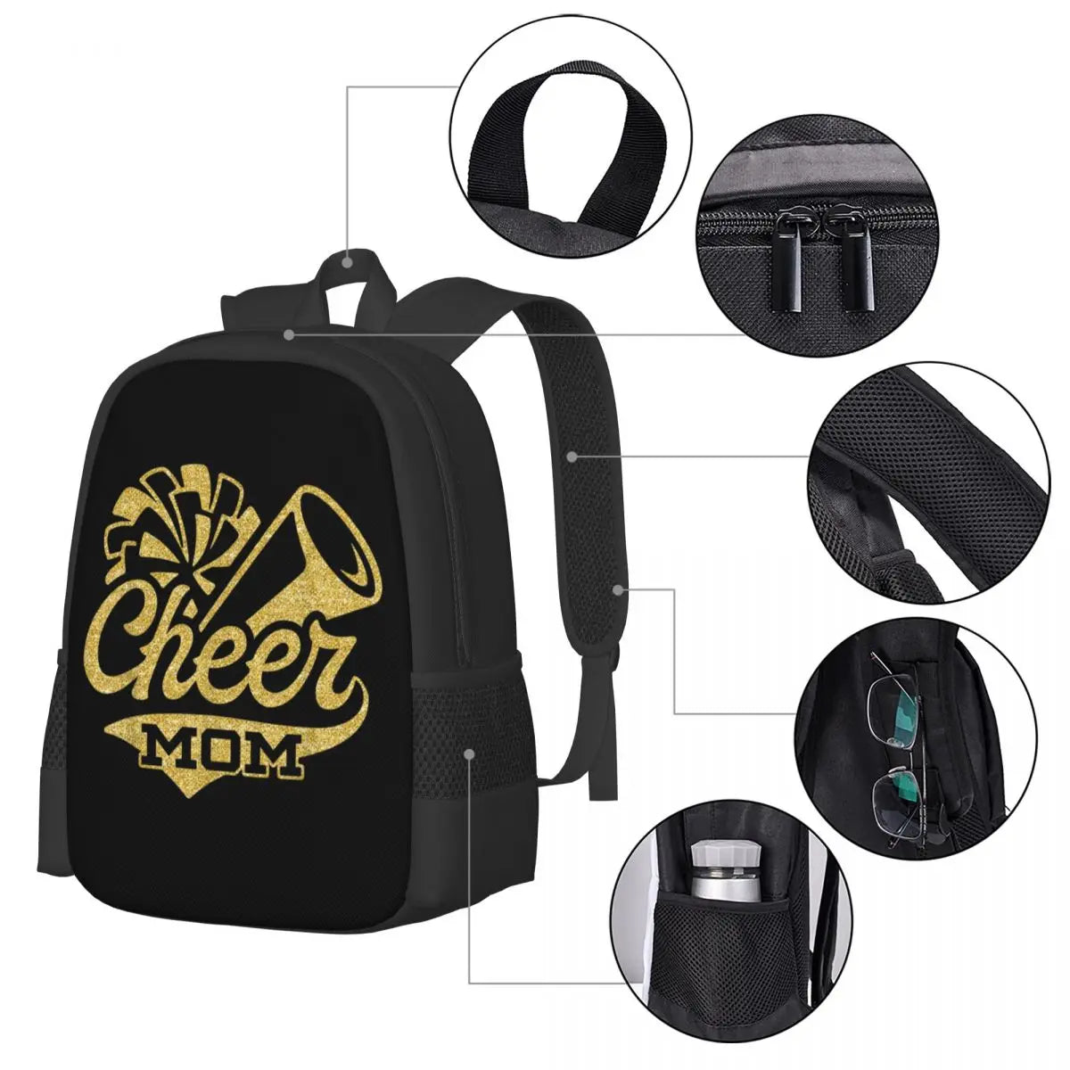 Cheer Mom Backpack – Black & Yellow Foldable Bag with 3D Print, Large Capacity
