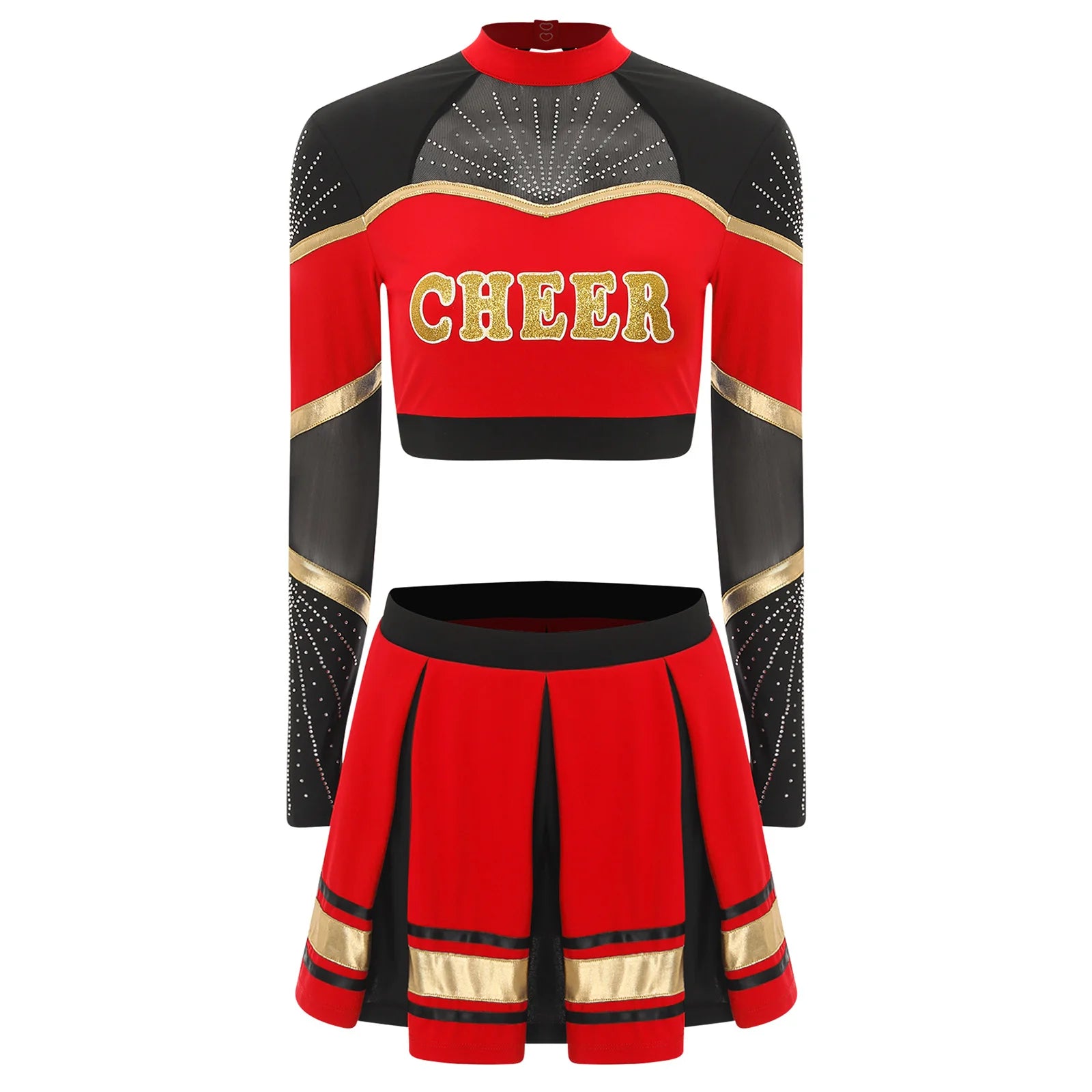 2Pcs Women’s Cheerleading Costume – Sequined Long Sleeve Crop Top & Pleated Skirt Set