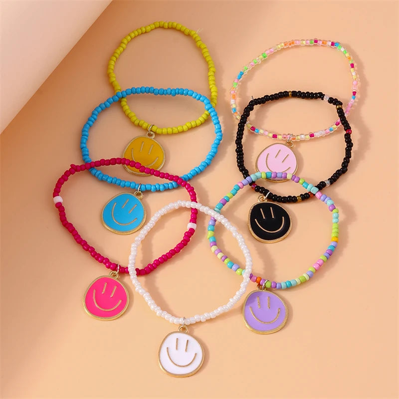 7Pcs Boho Beaded Bracelets Set – Colorful Smile Charm Jewelry for Girls & Women