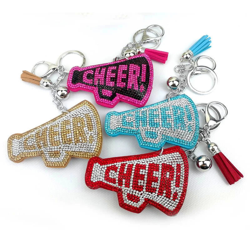 Crystal CHEER Keychain with Leather Tassel – Rhinestone Bag & Car Charm for Women
