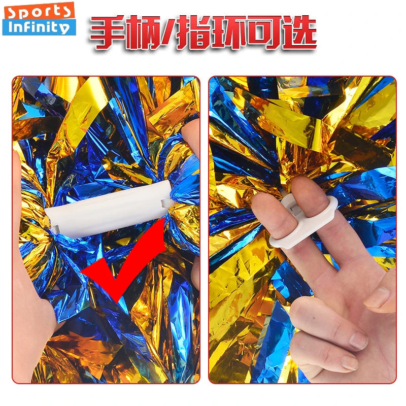 Colorful Handle Cheerleading Pom Poms – Big Silver, Red, Yellow & Blue Dance Balls for Kids & Women