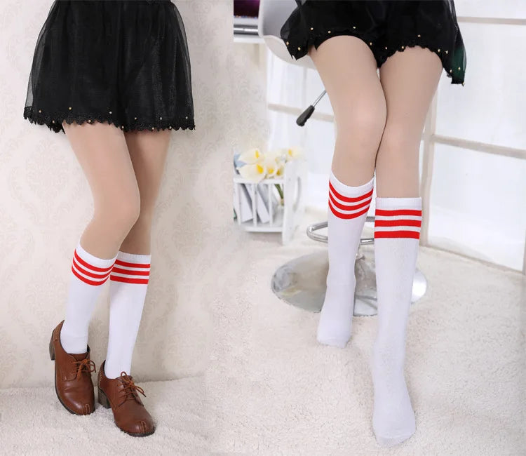 Women’s Knee-High Harajuku Socks – Black & White Striped Cheerleader Style