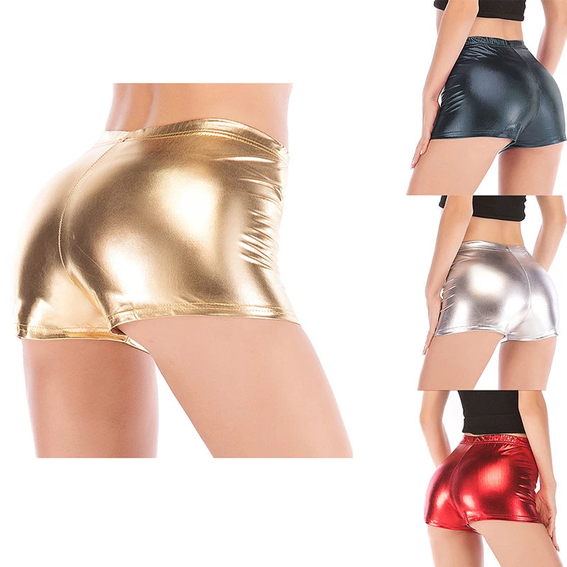 Women’s Silver Metallic PU Yoga Shorts – Mid Waist Cheer & Rave Booty Shorts