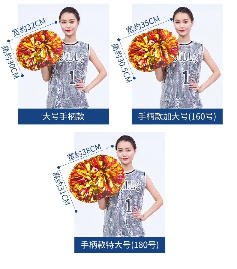 Colorful Handle Cheerleading Pom Poms – Big Silver, Red, Yellow & Blue Dance Balls for Kids & Women