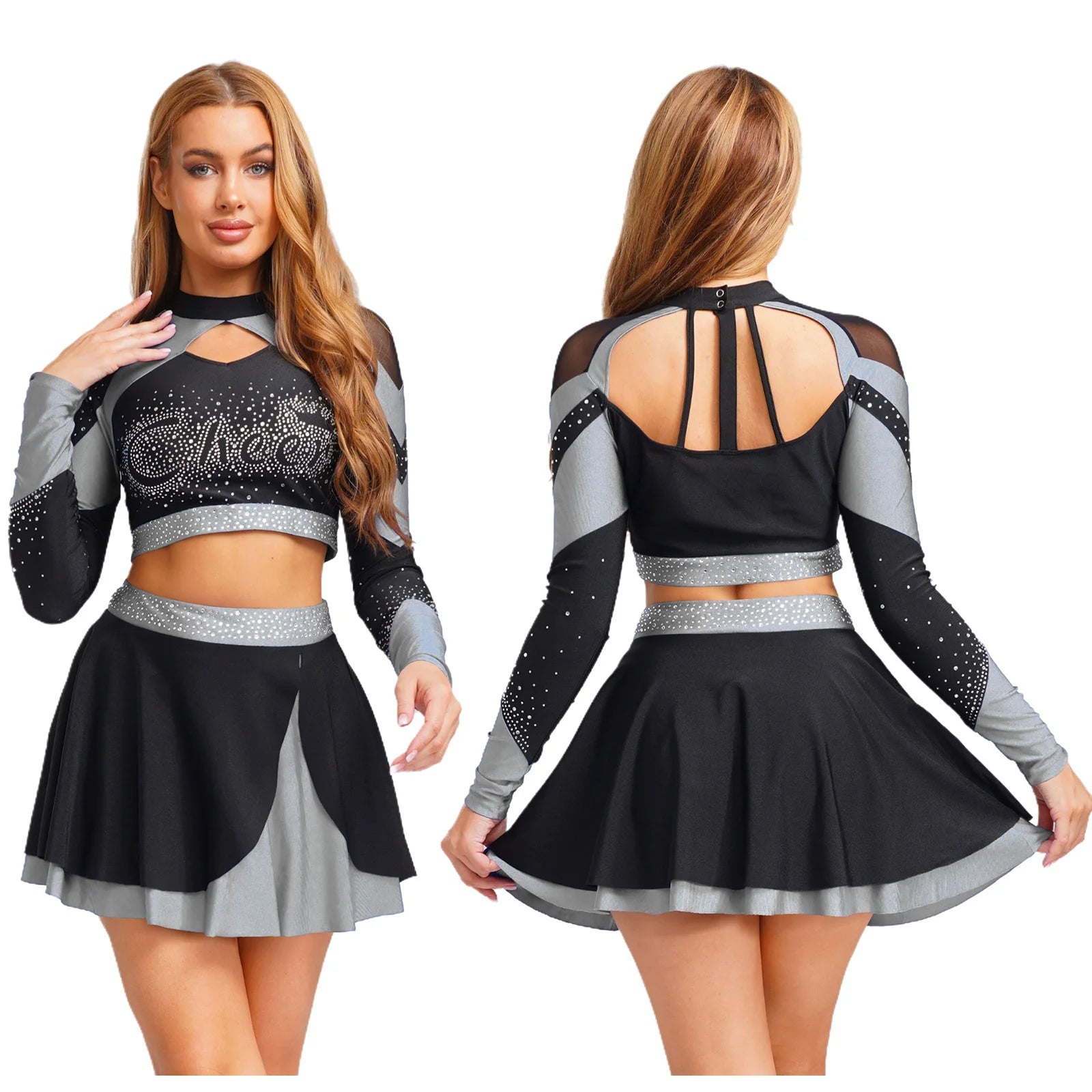 Women’s Cheerleading Costume – Rhinestone Long Sleeve Crop Top & Mini Skirt Set