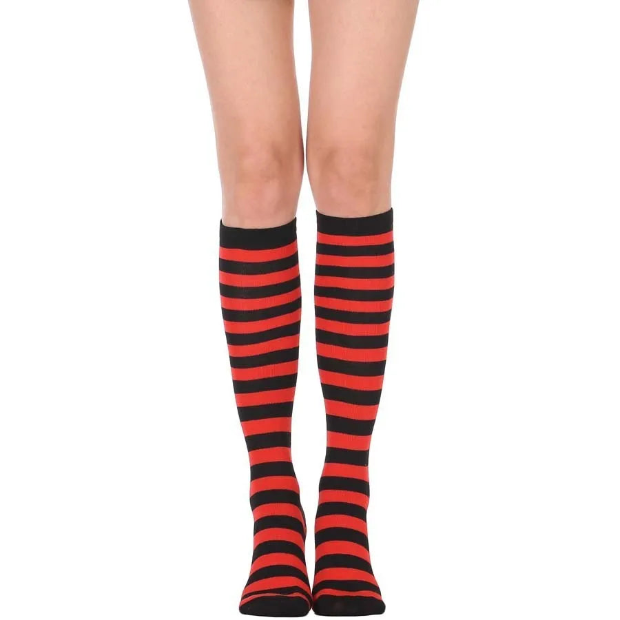 Women’s Knee-High Harajuku Socks – Black & White Striped Cheerleader Style