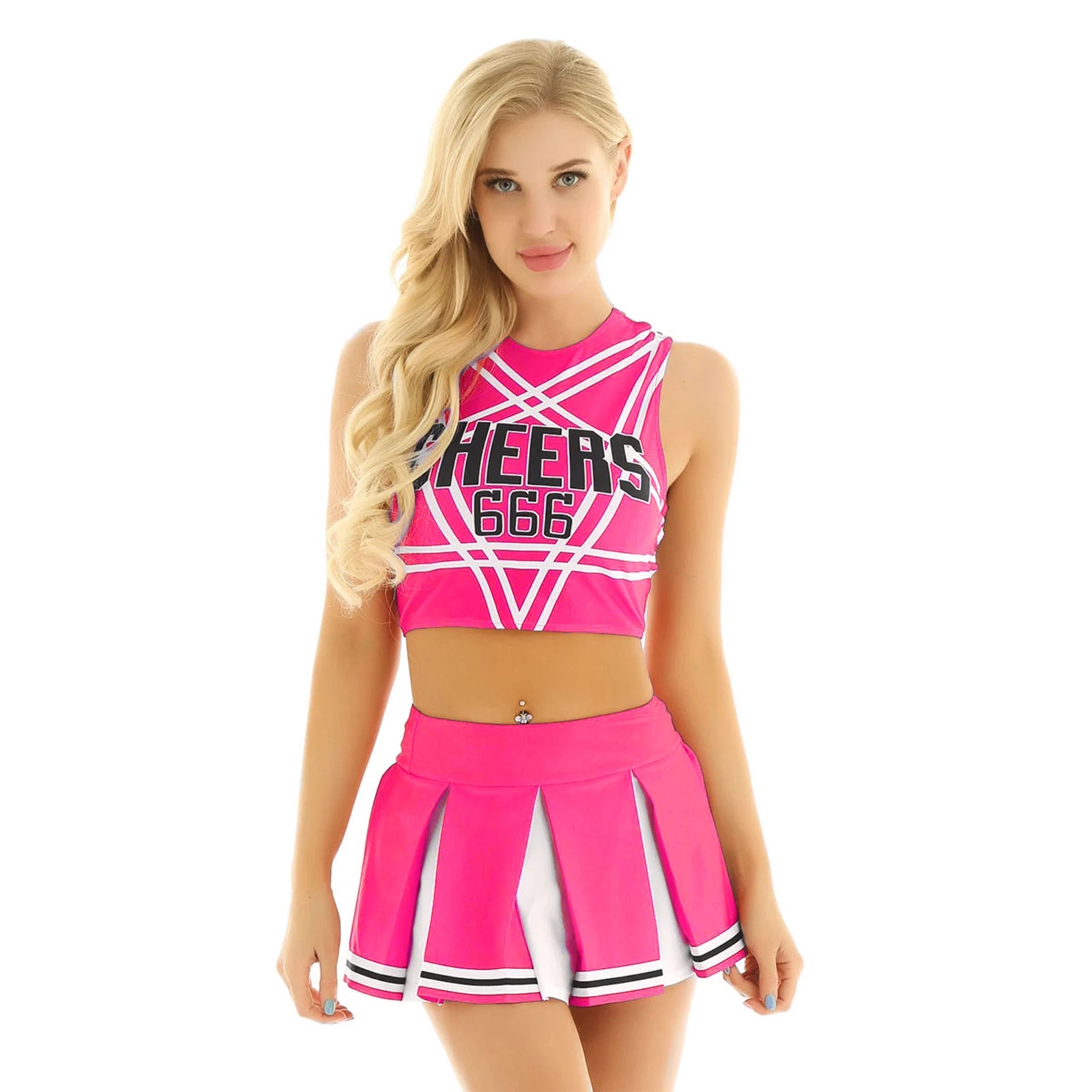 Women’s Cheerleader Cosplay Set – Pentagram Back Crop Top & Mini Pleated Skirt