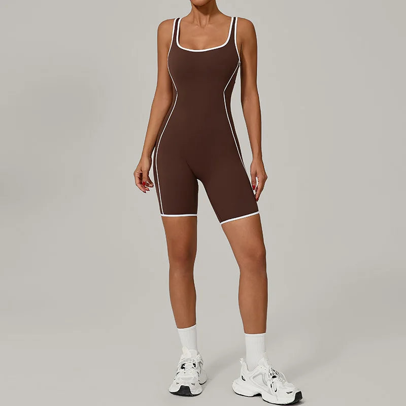 Treningsjumpsuit i fargekontrast for kvinner – krysset rygg, rumpeløftende bodysuit med avtakbar BH