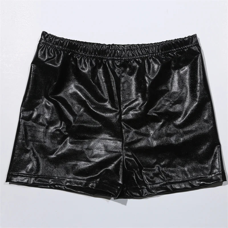 Women’s Silver Metallic PU Yoga Shorts – Mid Waist Cheer & Rave Booty Shorts