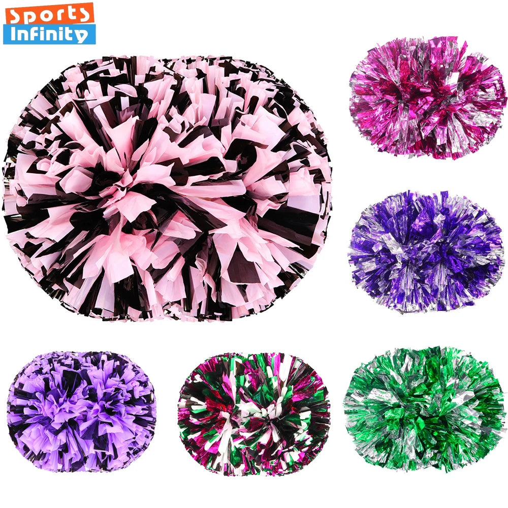 Colorful Handle Cheerleading Pom Poms – Big Silver, Red, Yellow & Blue Dance Balls for Kids & Women