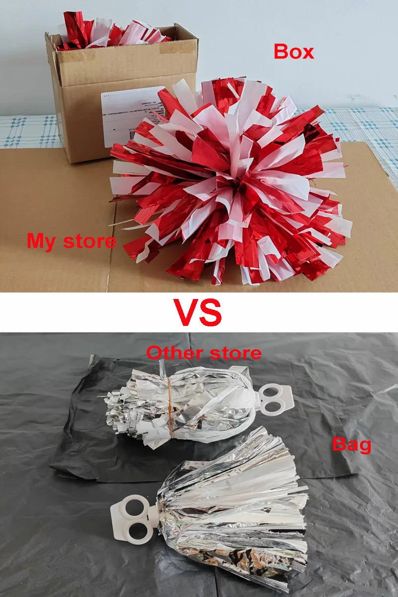 2Pcs Cheerleader Pom Poms with Ring Handle – Red & White, 32cm