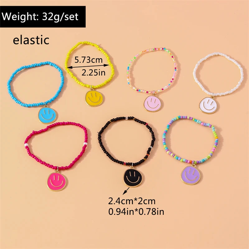 7Pcs Boho Beaded Bracelets Set – Colorful Smile Charm Jewelry for Girls & Women