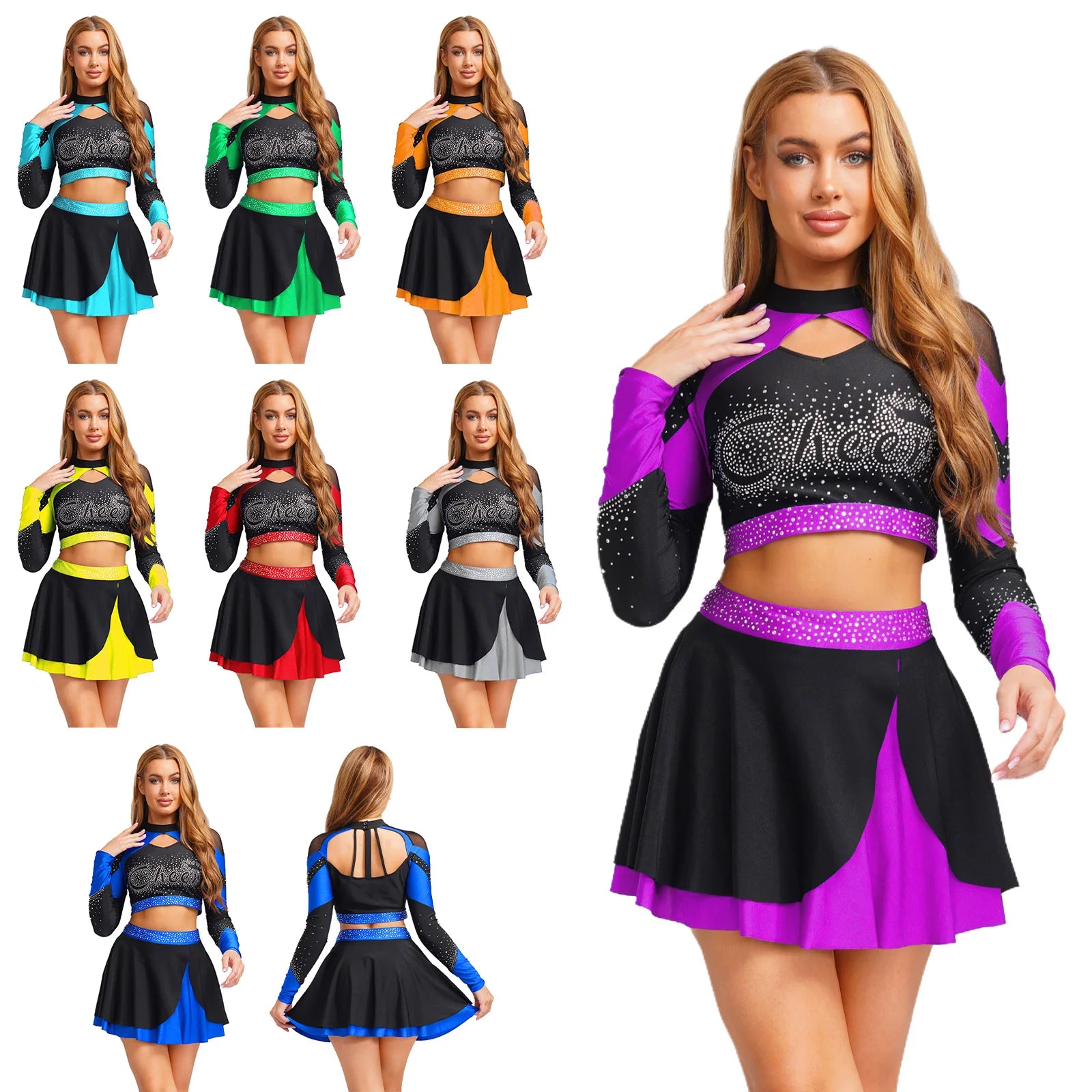 Women’s Cheerleading Costume – Rhinestone Long Sleeve Crop Top & Mini Skirt Set