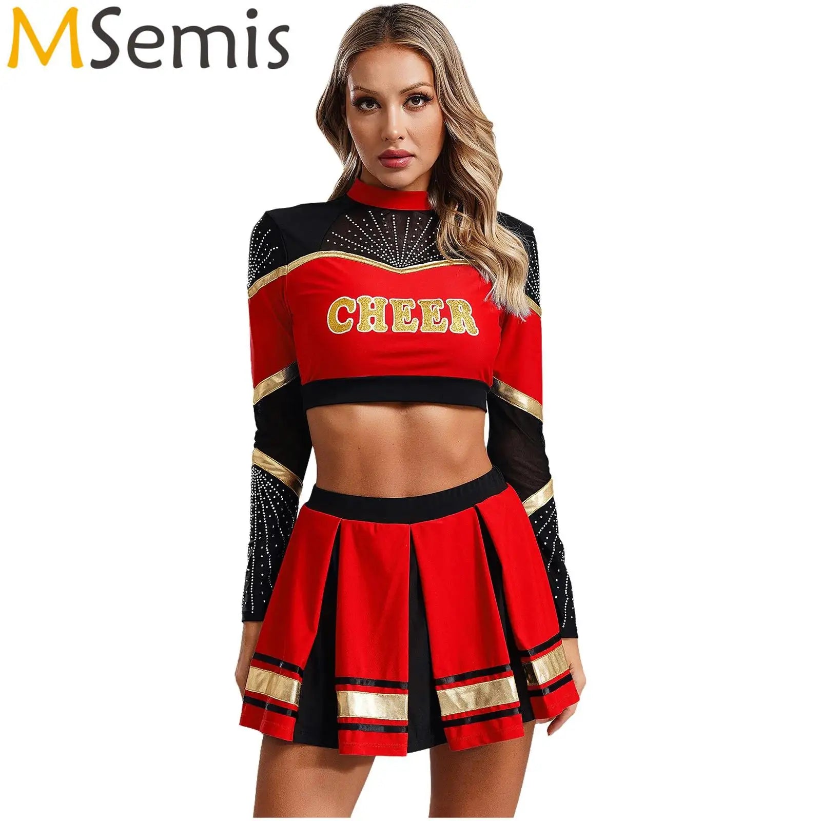 2Pcs Women’s Cheerleading Costume – Sequined Long Sleeve Crop Top & Pleated Skirt Set