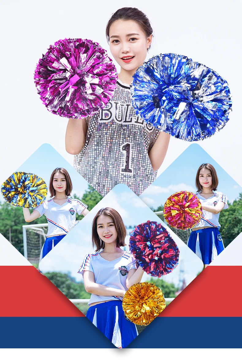Colorful Handle Cheerleading Pom Poms – Big Silver, Red, Yellow & Blue Dance Balls for Kids & Women
