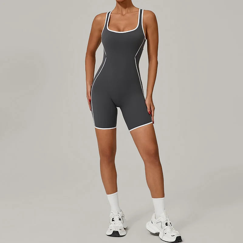 Treningsjumpsuit i fargekontrast for kvinner – krysset rygg, rumpeløftende bodysuit med avtakbar BH
