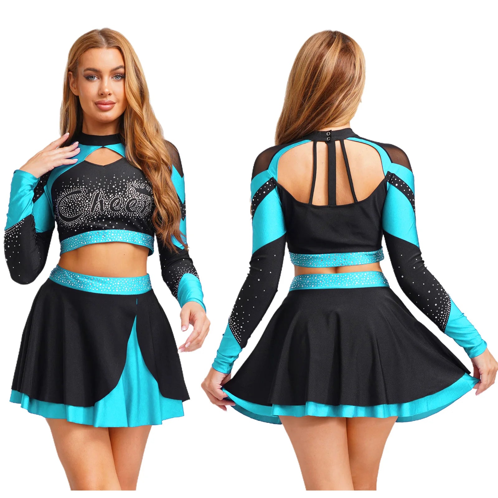 Women’s Cheerleading Costume – Rhinestone Long Sleeve Crop Top & Mini Skirt Set