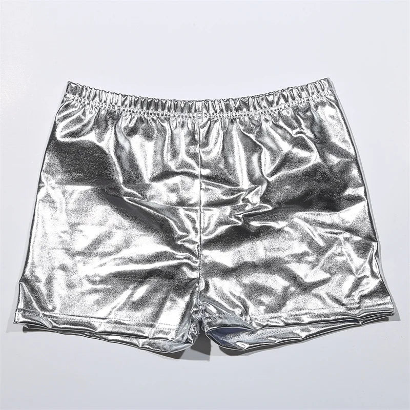 Women’s Silver Metallic PU Yoga Shorts – Mid Waist Cheer & Rave Booty Shorts