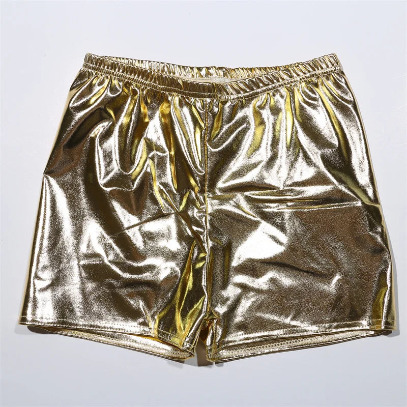 Women’s Silver Metallic PU Yoga Shorts – Mid Waist Cheer & Rave Booty Shorts