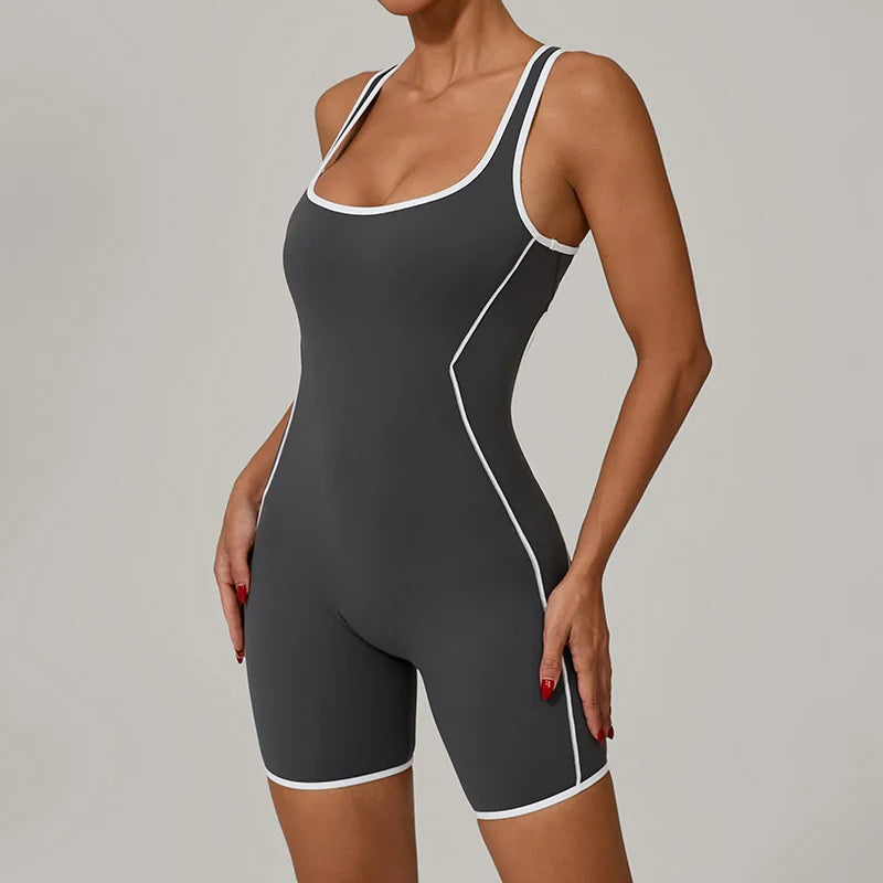 Treningsjumpsuit i fargekontrast for kvinner – krysset rygg, rumpeløftende bodysuit med avtakbar BH
