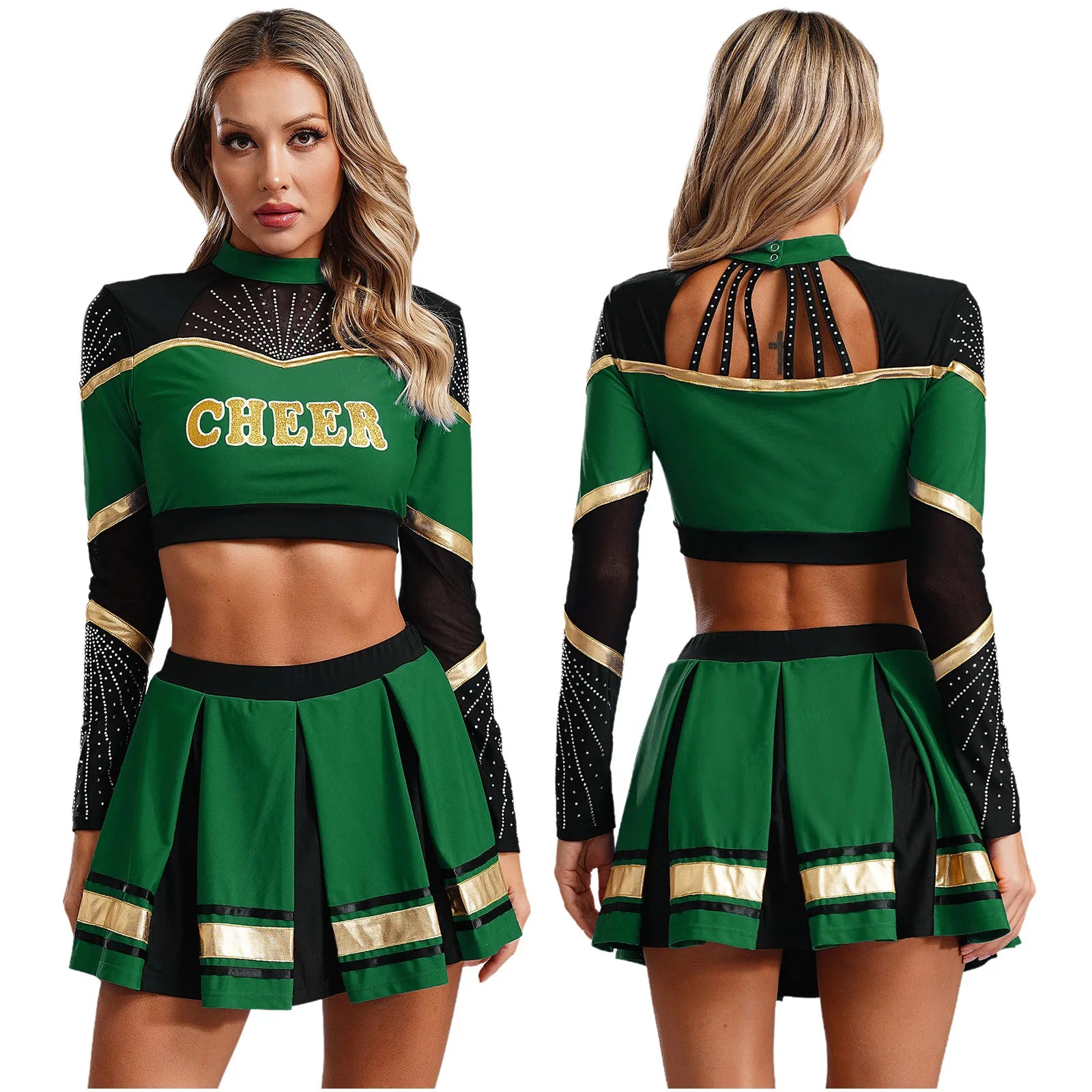 2Pcs Women’s Cheerleading Costume – Sequined Long Sleeve Crop Top & Pleated Skirt Set