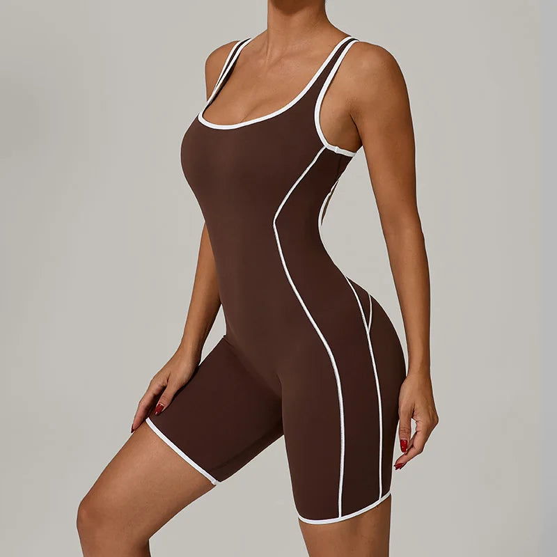 Treningsjumpsuit i fargekontrast for kvinner – krysset rygg, rumpeløftende bodysuit med avtakbar BH