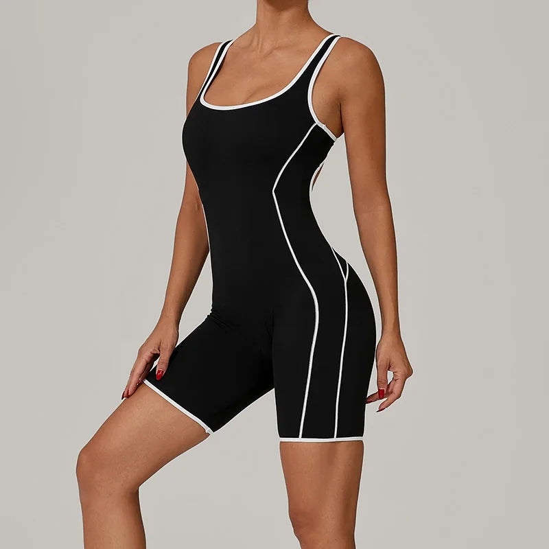 Treningsjumpsuit i fargekontrast for kvinner – krysset rygg, rumpeløftende bodysuit med avtakbar BH
