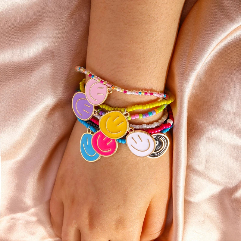 7Pcs Boho Beaded Bracelets Set – Colorful Smile Charm Jewelry for Girls & Women