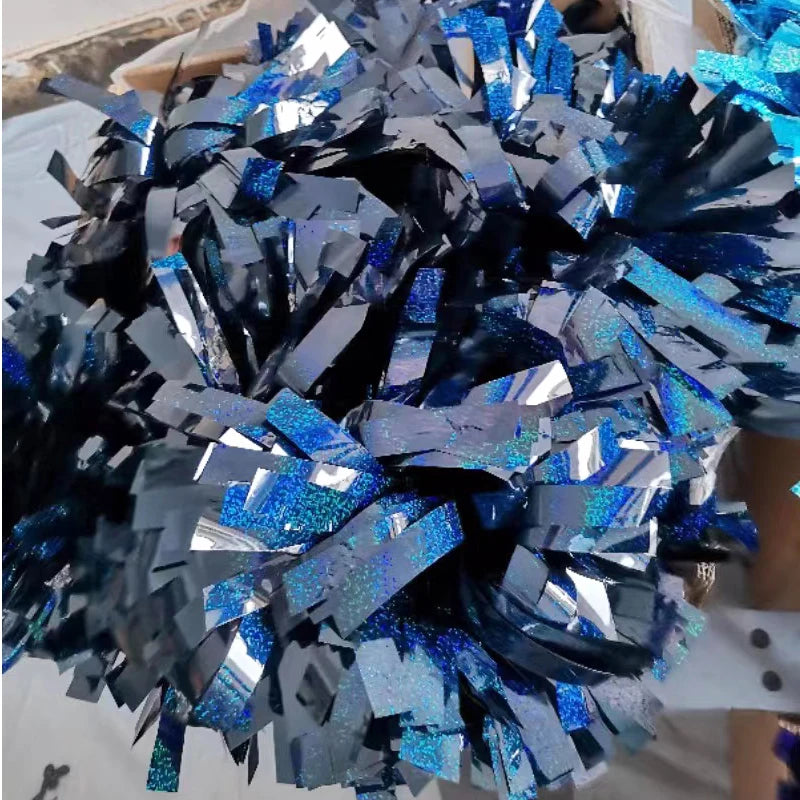1 stk. metallisk hvit og holografisk sølv cheer pom-pom med batonhåndtak – tilpasset størrelse og farge
