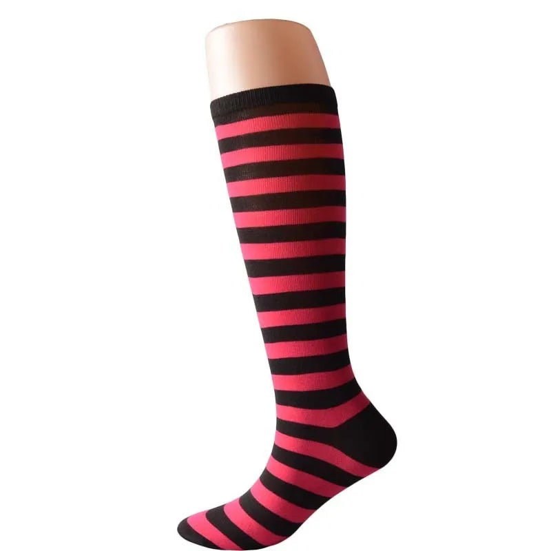 Women’s Knee-High Harajuku Socks – Black & White Striped Cheerleader Style