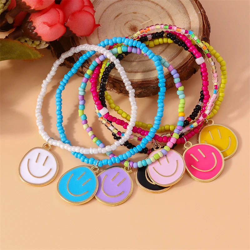 7Pcs Boho Beaded Bracelets Set – Colorful Smile Charm Jewelry for Girls & Women
