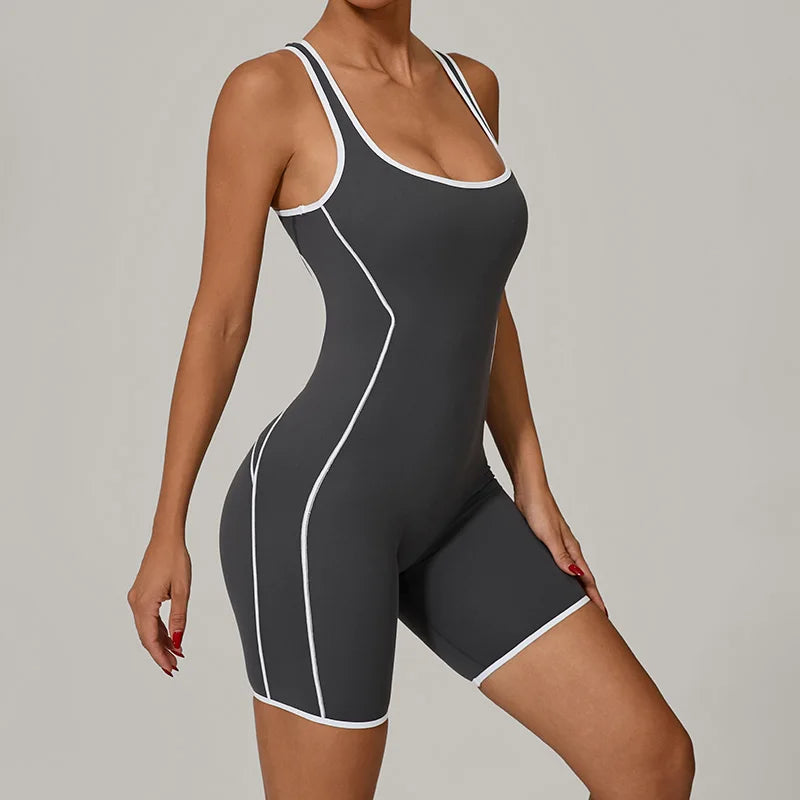 Treningsjumpsuit i fargekontrast for kvinner – krysset rygg, rumpeløftende bodysuit med avtakbar BH