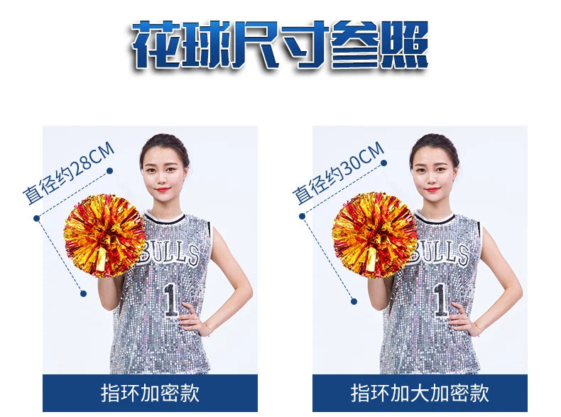 Colorful Handle Cheerleading Pom Poms – Big Silver, Red, Yellow & Blue Dance Balls for Kids & Women