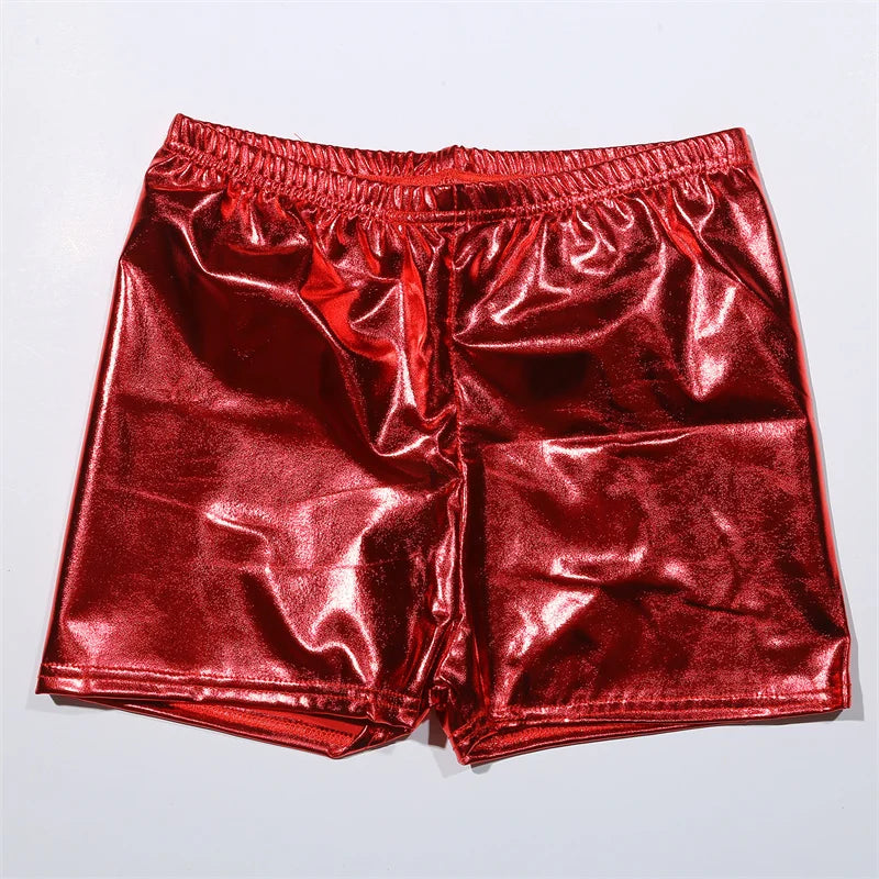 Women’s Silver Metallic PU Yoga Shorts – Mid Waist Cheer & Rave Booty Shorts