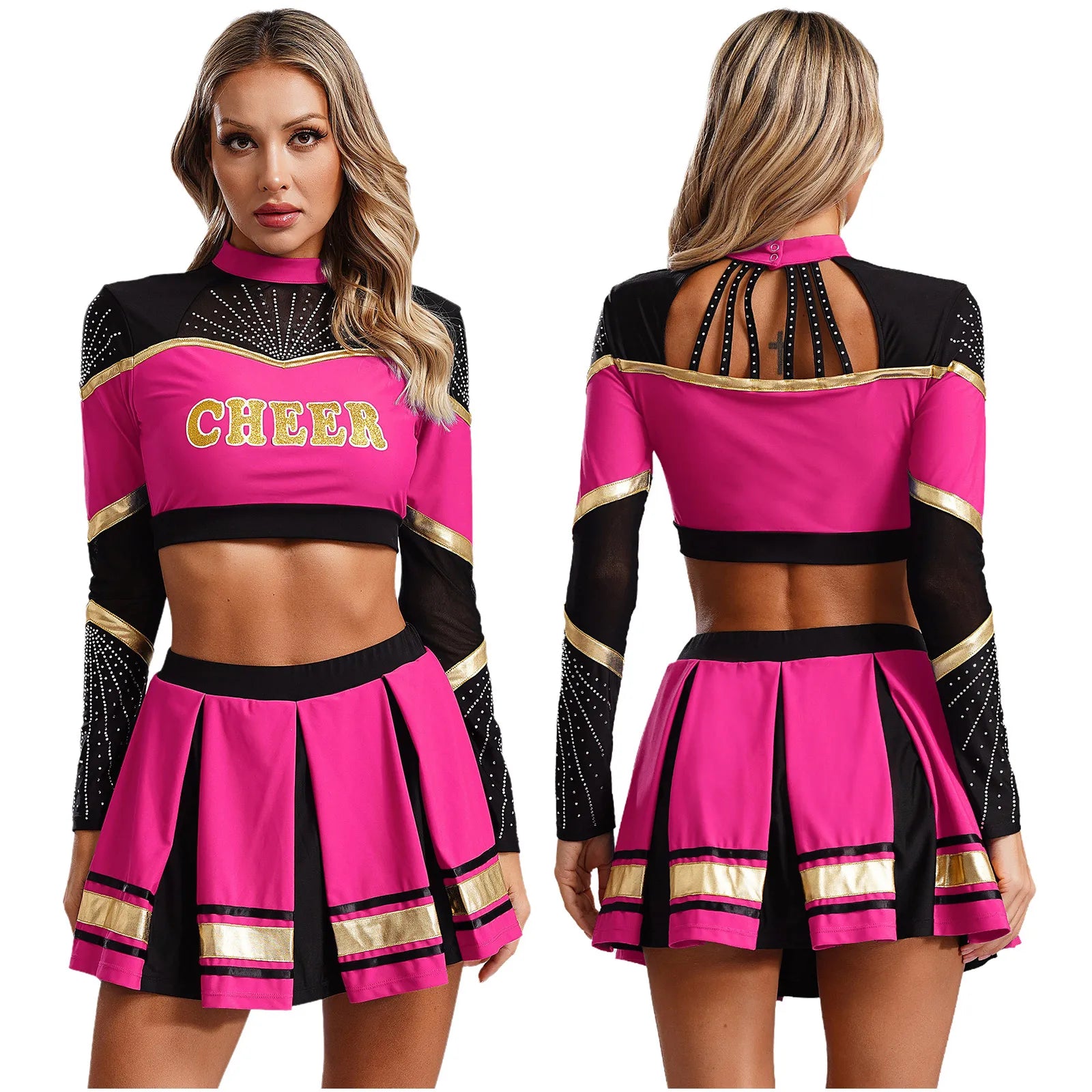 2Pcs Women’s Cheerleading Costume – Sequined Long Sleeve Crop Top & Pleated Skirt Set